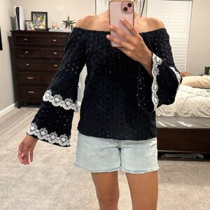 Elegant eyelet navy blue Off-Shoulder Top with Lace Trim